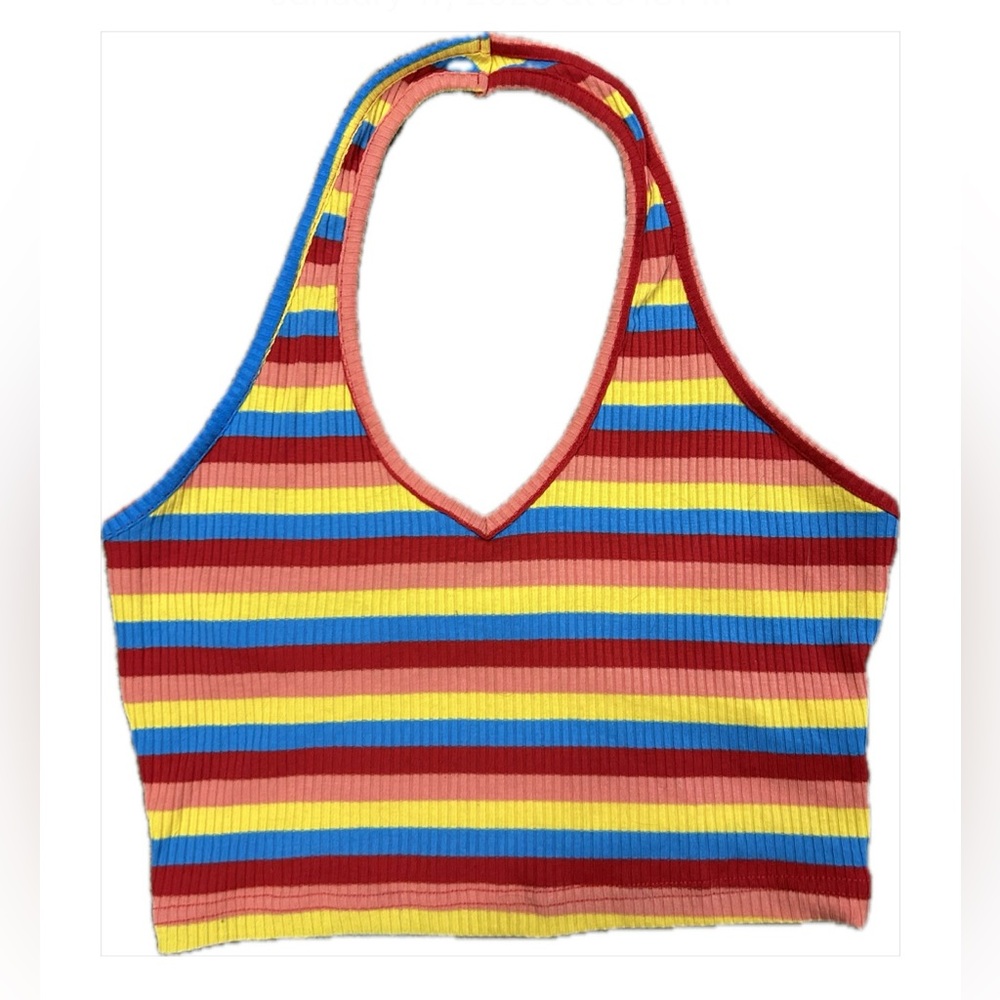 SHEIN Rainbow Stripe Ribbed Halter Crop Top – Size XS